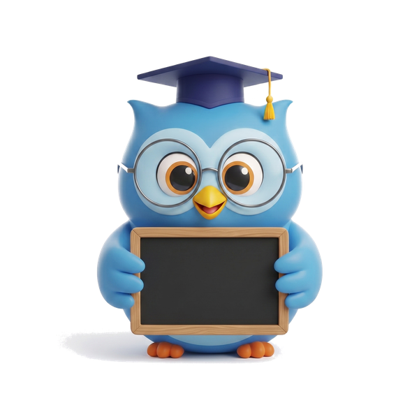 QuizWhiz Owl mascot holding a chalkboard